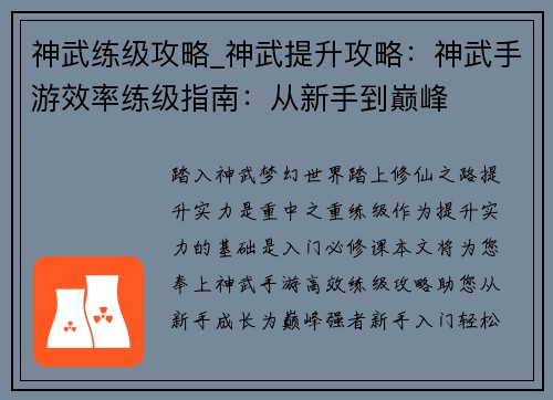 神武练级攻略_神武提升攻略：神武手游效率练级指南：从新手到巅峰